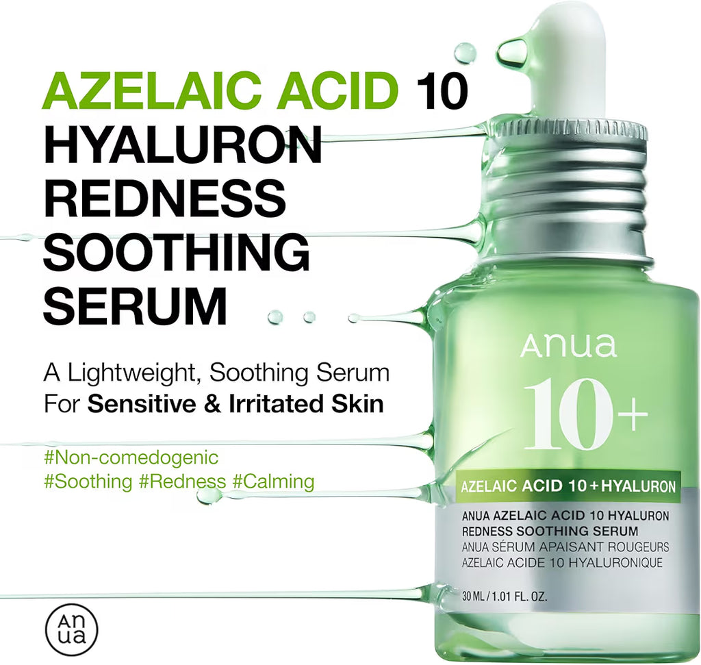 Anua 10+ AZELAIC ACID 10 + HYALURON REDNESS SOOTHING SERUM ANUA SERUM APAISANT ROUGEURS AZELAIC ACIDE 10 HYALURONIQUE 30 ML 1.01 FL. OZ