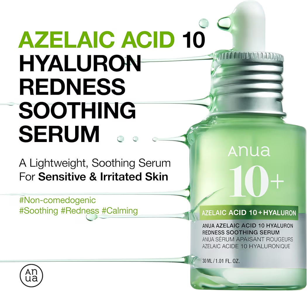 Anua 10+ AZELAIC ACID 10 + HYALURON REDNESS SOOTHING SERUM ANUA SERUM APAISANT ROUGEURS AZELAIC ACIDE 10 HYALURONIQUE 30 ML 1.01 FL. OZ