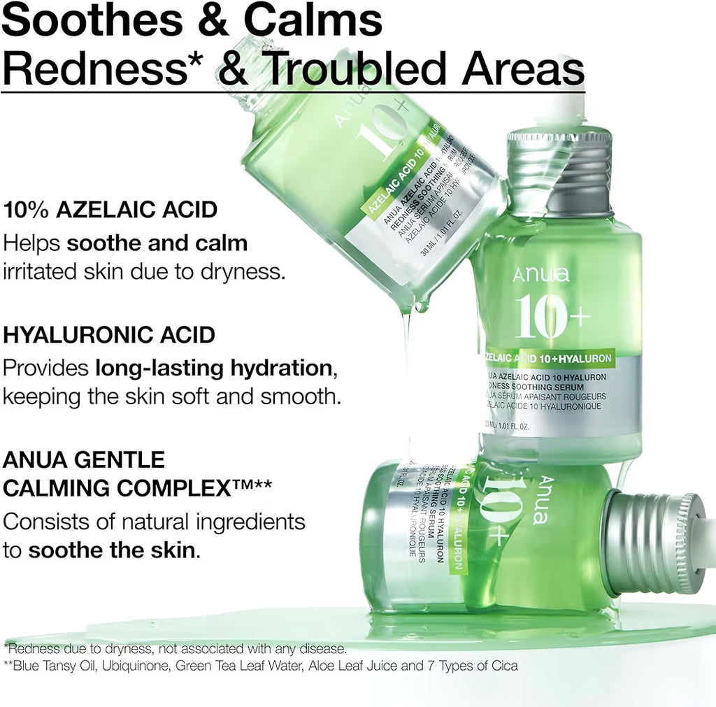 Anua 10+ AZELAIC ACID 10 + HYALURON REDNESS SOOTHING SERUM ANUA SERUM APAISANT ROUGEURS AZELAIC ACIDE 10 HYALURONIQUE 30 ML 1.01 FL. OZ