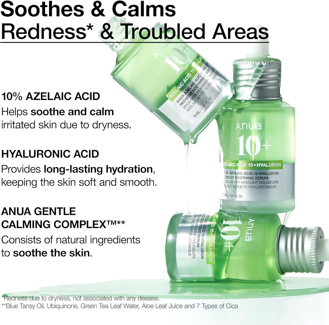 Anua 10+ AZELAIC ACID 10 + HYALURON REDNESS SOOTHING SERUM ANUA SERUM APAISANT ROUGEURS AZELAIC ACIDE 10 HYALURONIQUE 30 ML 1.01 FL. OZ