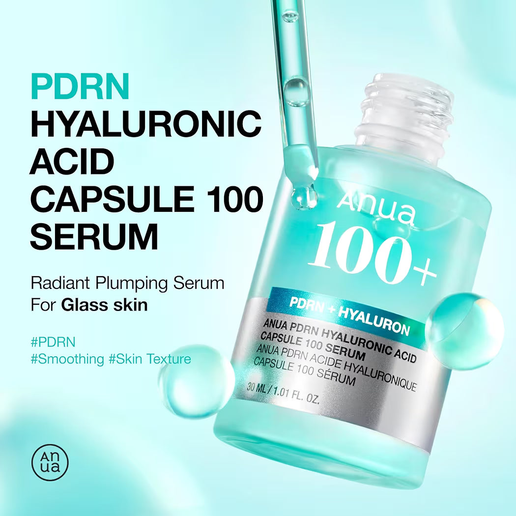 Anua 100+ PDRN + HYALURON ANUA PDRN HYALURONIC ACID CAPSULE 100 SERUM ANUA PDRN ACIDE HYALURONIQUE CAPSULE 100 SÉRUM 30 ML 1.01 FL. OZ