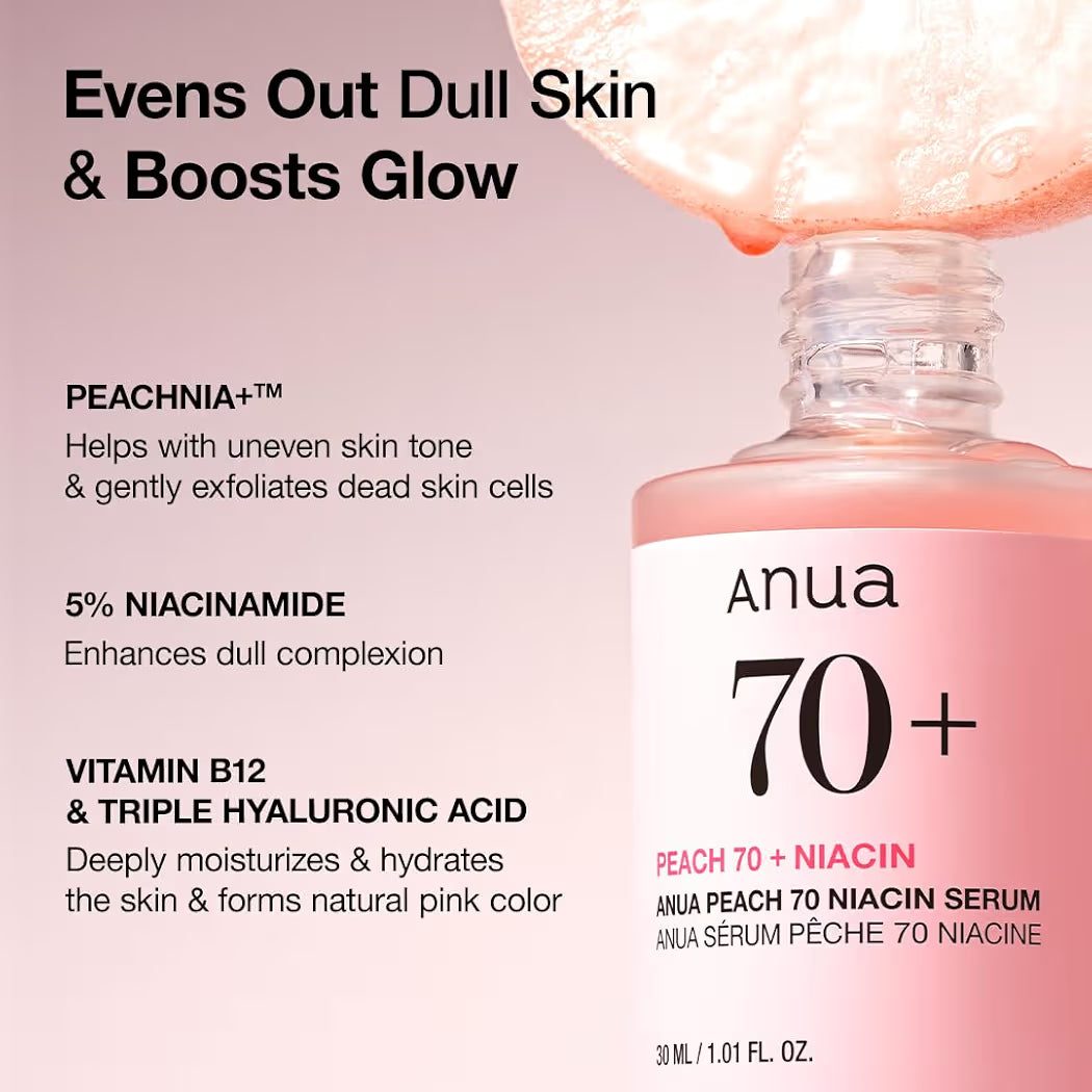 ANUA Peach 70+ Niacinamide Serum, Lightweight Hydration for Dry Skin, Vitamin B12, Hyaluronic Acid, Glass Skin, Dewy Finish, Natural Pink Color, Korean Skin Care, 30ml1.01 fl.oz