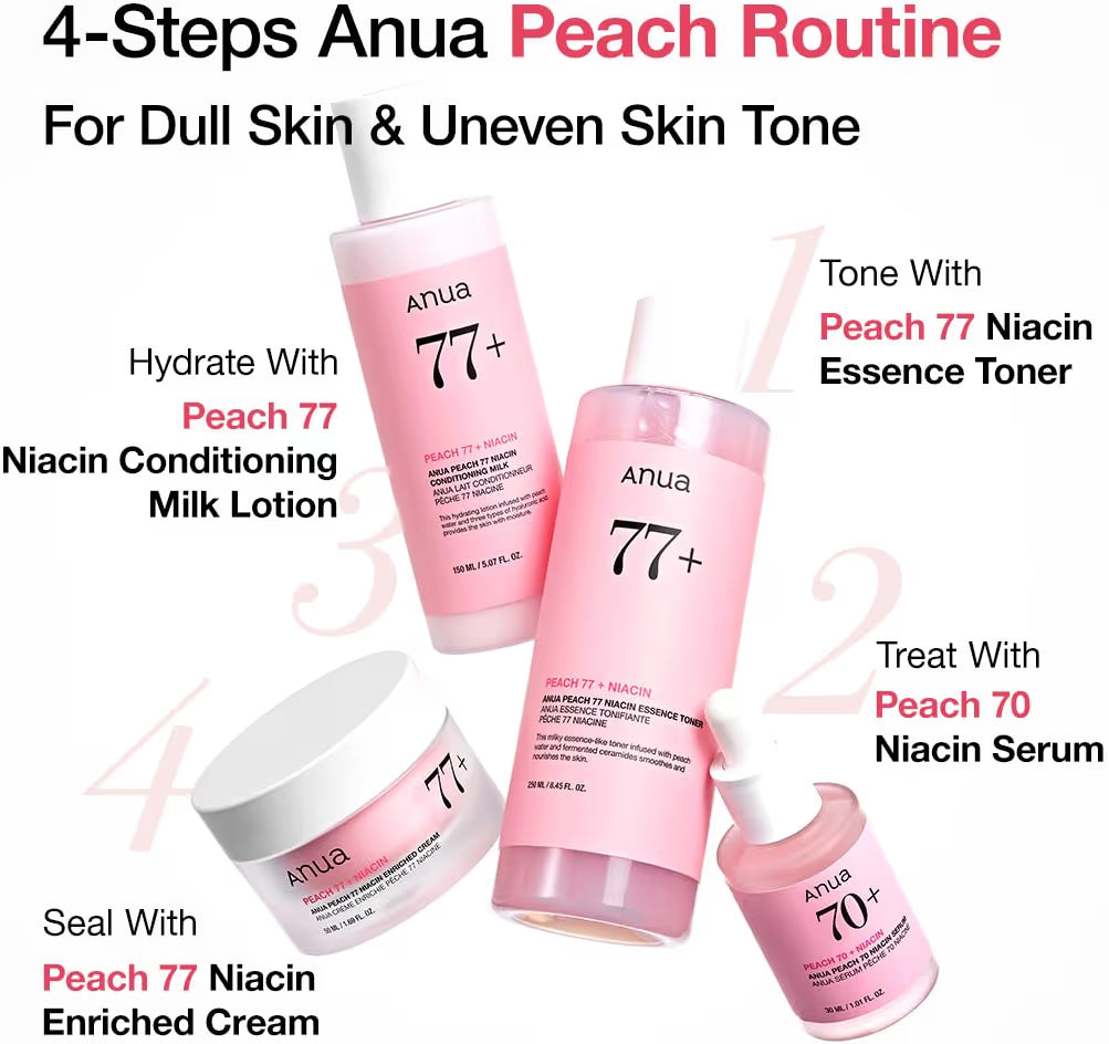 ANUA Peach 70+ Niacinamide Serum, Lightweight Hydration for Dry Skin, Vitamin B12, Hyaluronic Acid, Glass Skin, Dewy Finish, Natural Pink Color, Korean Skin Care, 30ml1.01 fl.oz