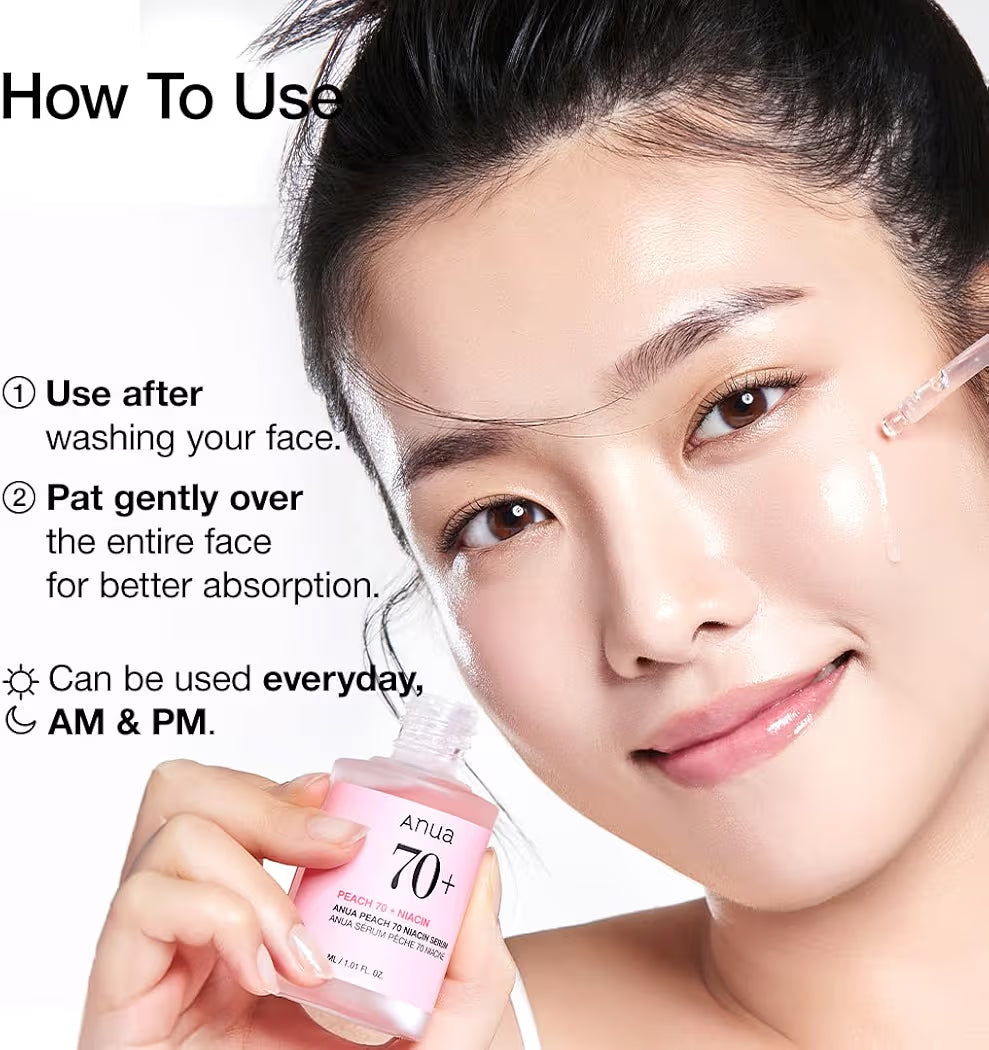 ANUA Peach 70+ Niacinamide Serum, Lightweight Hydration for Dry Skin, Vitamin B12, Hyaluronic Acid, Glass Skin, Dewy Finish, Natural Pink Color, Korean Skin Care, 30ml1.01 fl.oz