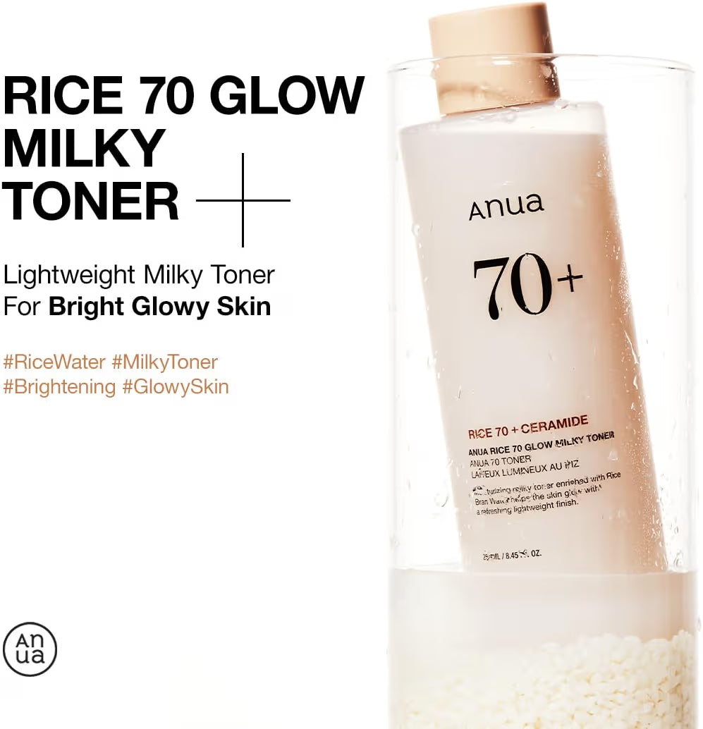 ANUA Rice 70 Glow Milky Toner, for Glass Skin, Rice Water, Niacinamide, Ceramides, Panthenol