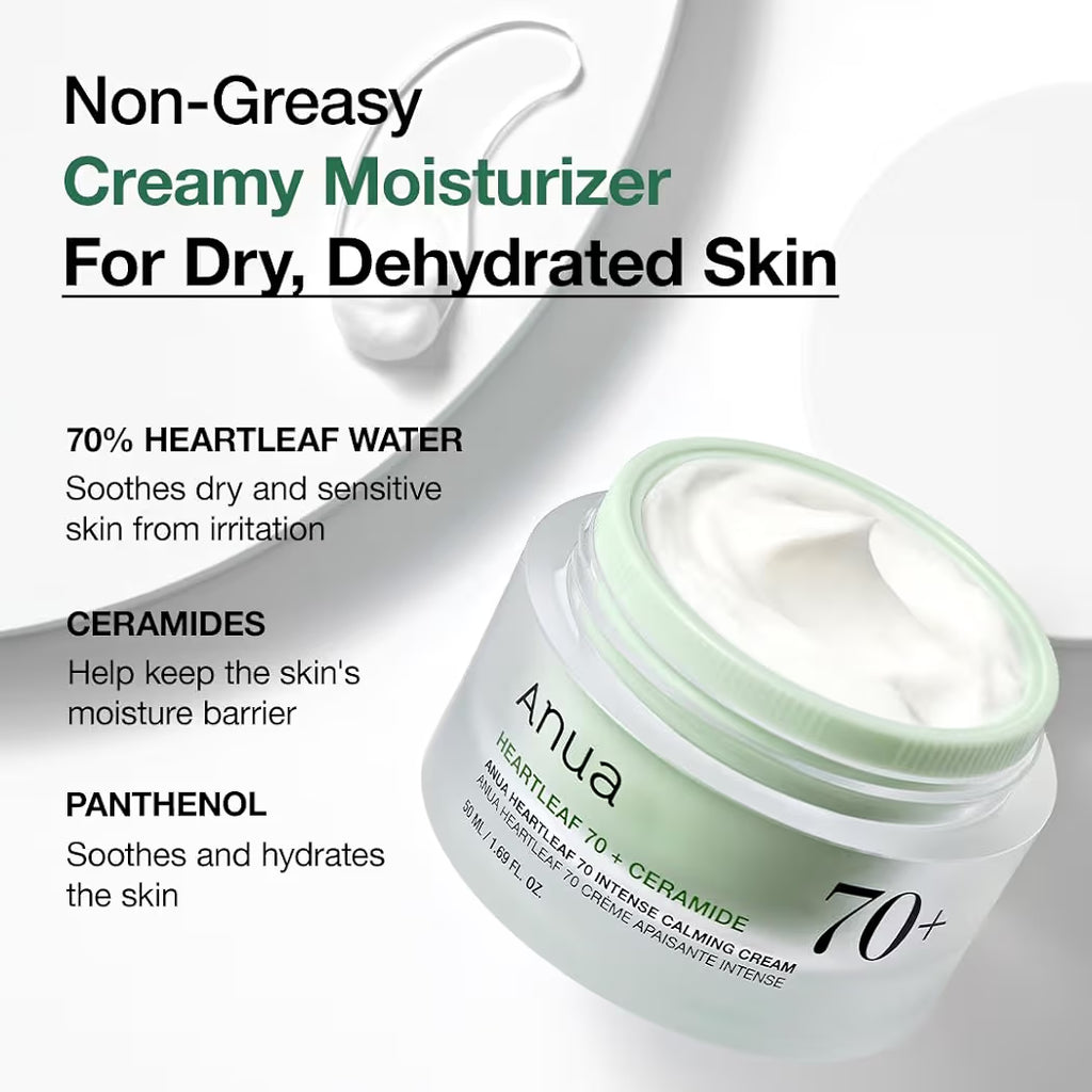 ANUA Niacinamide Heartleaf 70 Intense Calming Cream with Ceramide, Panthenol, Heartleaf extract, Korean Skin